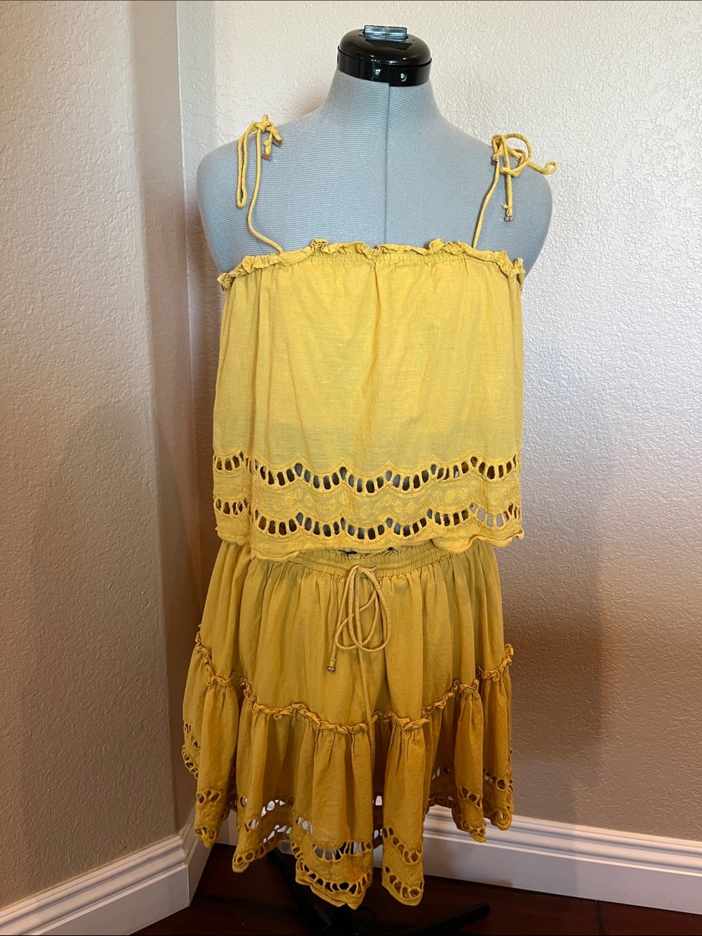 Sunny Yellow Tiered Eyelet 2 piece Dress with Tie Straps